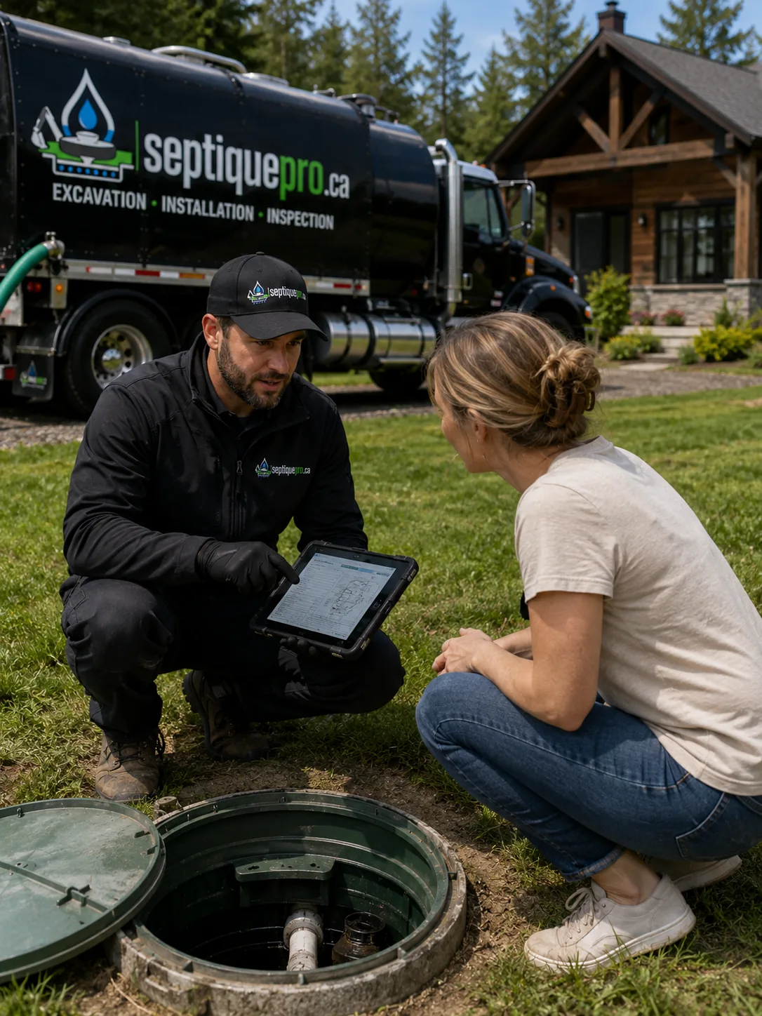 Technicien expliquant le fonctionnement d'une installation septique à une propriétaire